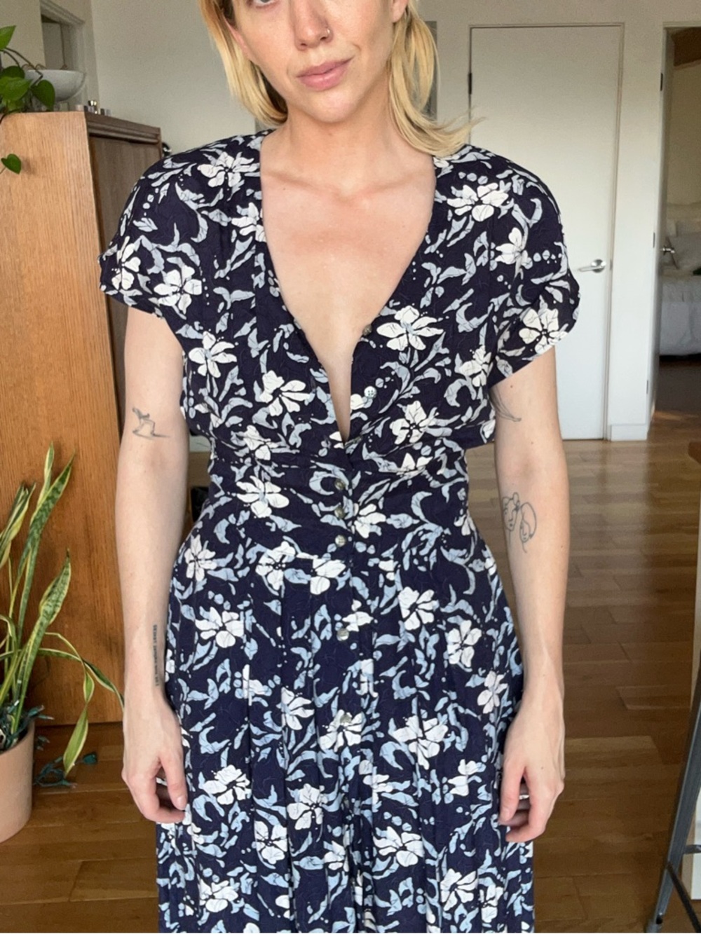 Vintage, Chaus Navy and White Floral Rayon Dress